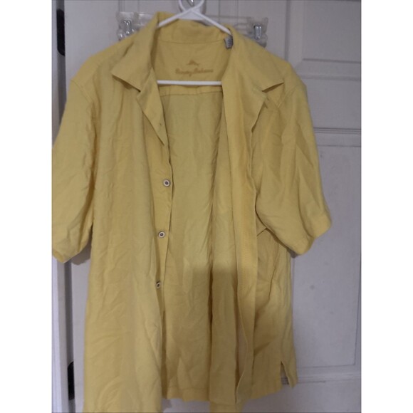 Tommy Bahama Shirt L Silk Blend Yellow Pocket Beach Button Up Short Sleeve Mens - Picture 2 of 9